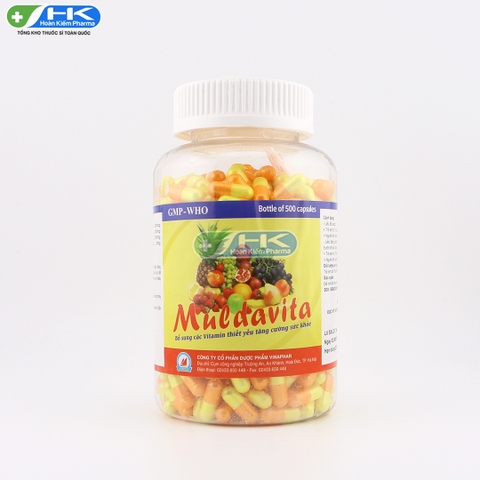 Muldavita - Chai 500 viên nang cứng - Vinaphar(Vitamin B1,B2,B5 10mg; Vitamin B9 0,2mg)