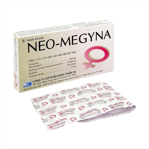 Neo Megyna - Hộp 1 vỉ x 10 viên - Dược Phẩm 3/2 (Metronidazol 500 mg; Neomycin Sulfat 65 000 IU; Nystatin 100.000 IU)