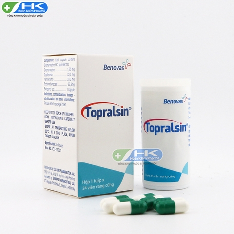 Topralsin - Hộp 1 tuýp x 24 viên nang cứng - MekoPhar(Oxomemazine 1.65mg; Guaifenesin,Paracetamol,Natri benzoat 33.3mg)