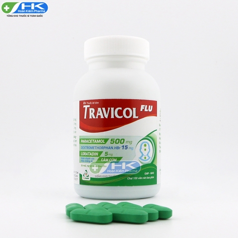 Travicol Flu - Chai 100 viên nén - TV. Pharma (Paracetamol 500mg; Dextromethorphan.HBr 15mg; Loratadin 5mg)