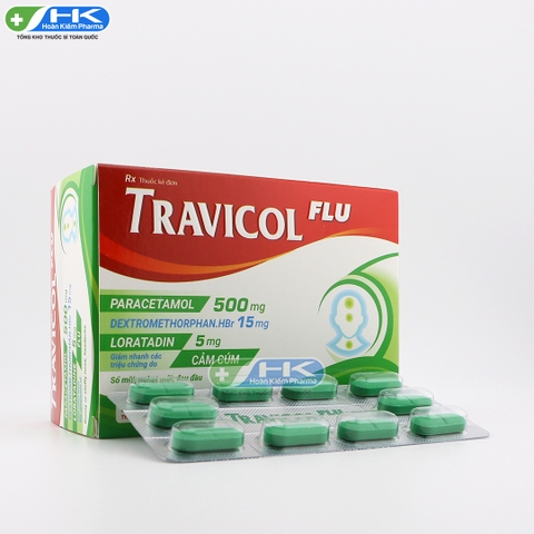 Travicol Flu - Hộp 10 vỉ x 10 viên nén - TV. Pharma (Paracetamol 500mg; Dextromethorphan.HBr 15mg; Loratadin 5mg)