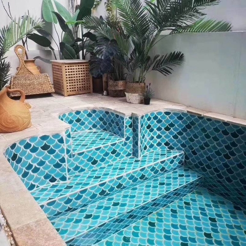Gạch Mosaic Vảy Cá phối 3 màu xanh ngọc