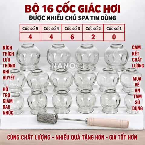Bộ 16 Cốc Giác Hơi Thủy Tinh Dùng Lửa – Combo Nhiều Size Lớn Cho Spa