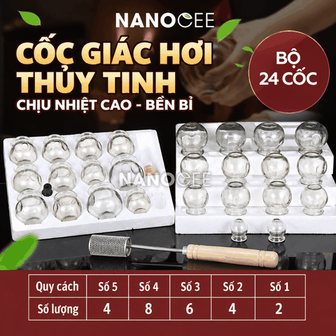 Bộ 24 Cốc Giác Hơi Thủy Tinh Dùng Lửa – Đủ 5 Size Cho Spa Dưỡng Sinh