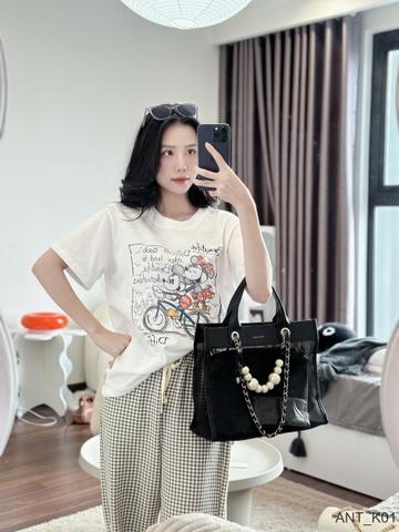 Set Bộ Cotton Korea quần kẻ caro phối áo phông Mickey Bicycle ngắn tay (40-65kg) ANT_K01