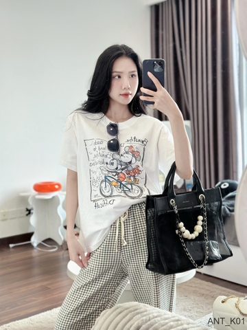 Set Bộ Cotton Korea quần kẻ caro phối áo phông Mickey Bicycle ngắn tay (40-65kg) ANT_K01