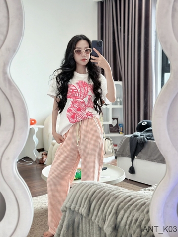 Sét bộ Cotton Korea quần chất xuất Nhật siêu xịn mềm phối áo phông thỏ hồng tay ngắn (40-65kg) ANT_K03