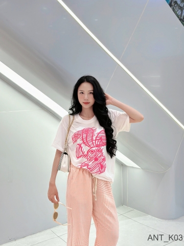 Sét bộ Cotton Korea quần chất xuất Nhật siêu xịn mềm phối áo phông thỏ hồng tay ngắn (40-65kg) ANT_K03