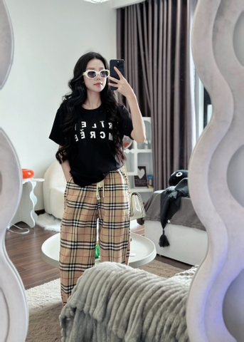 Set bộ cotton korea quần chất  kẻ caro siêu xịn mềm mịn phối áo chữ RILEY Đen, in cao cấp (40-65kg) ANT_ K06