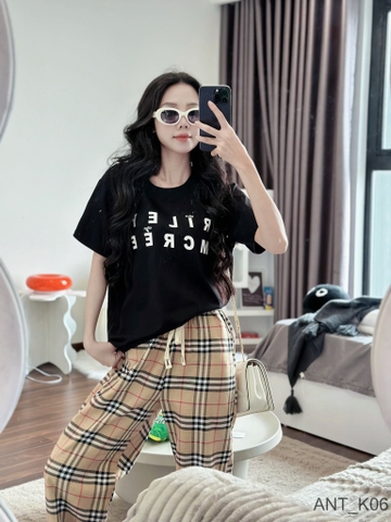 Set bộ cotton korea quần chất  kẻ caro siêu xịn mềm mịn phối áo chữ RILEY Đen, in cao cấp (40-65kg) ANT_ K06
