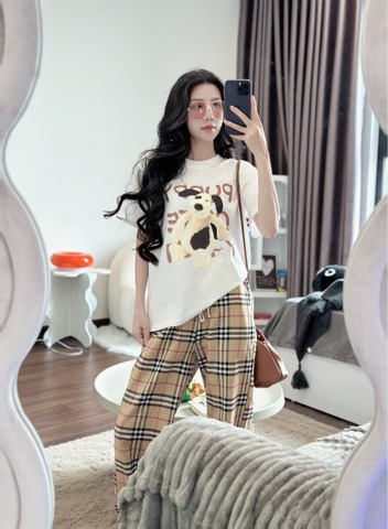 Sét bộ cotton korea quần kẻ caro phối áo phông tay ngắn Pupp Trắng (40-65kg) ANT_K04