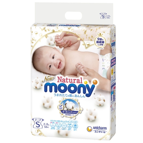 Bỉm tã dán Moony Natural size S 58 miếng (4-8kg)