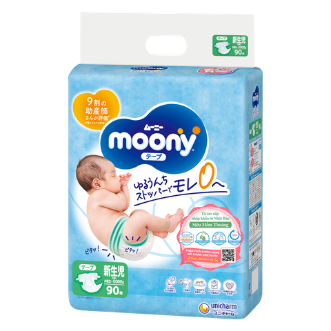 Bỉm tã dán sơ sinh Moony (dưới 5kg, 90 miếng)