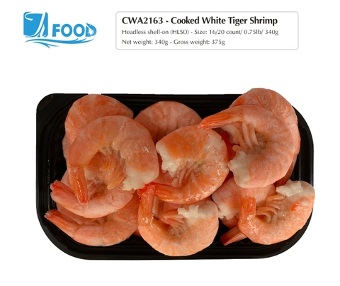 Tôm thẻ hấp nguyên vị, còn vỏ bỏ đầu Size 16/20, NW 340g (Khay)