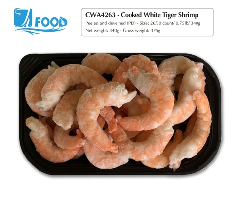Tôm thẻ hấp nguyên vị, lột vỏ lấy chỉ size 26/30, NW 340g (Khay)