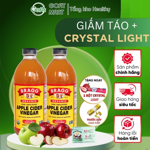 BRAGG - Giấm táo hữu cơ chai 473/946ML Bragg Organic Apple Cider Vinegar + Bột Crystal Light