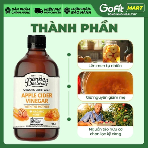 [BARNES] Giấm Táo/ Giấm Táo Mật Ong Hữu Cơ Barnes Naturals 500ml