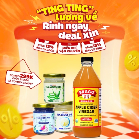 Combo giấm táo Bragg + yến mạch/ giấm lựu/ seamoss gel/ mì rau củ cực hời, tiết kiệm