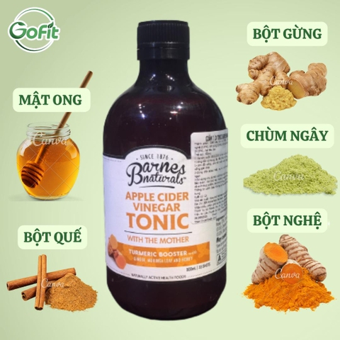 Barnes - Giấm táo mật ong Tonic chai 500ML- Organic Apple Cider Vinegar (with mother) & Turmeric Booster