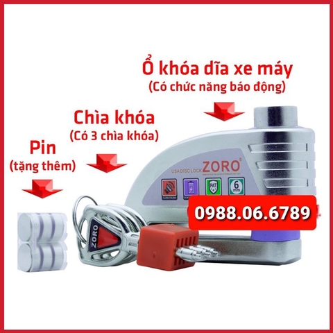 Ổ khóa đĩa xe máy báo động chống trộm ZORO màu trắng chìa tròn công nghệ Mỹ