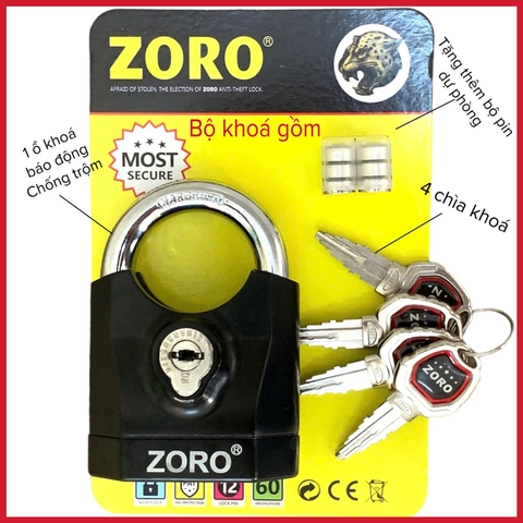 ổ khóa báo động ZORO,7 phân,chìa xe hơi, màu đen,mẫu mới 2025