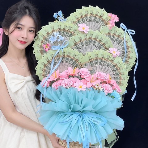 Lẵng Hoa Tiền 60 Tờ 100K Xếp 6 Quạt – Món Quà Lãng Mạn Và Thiết Thực