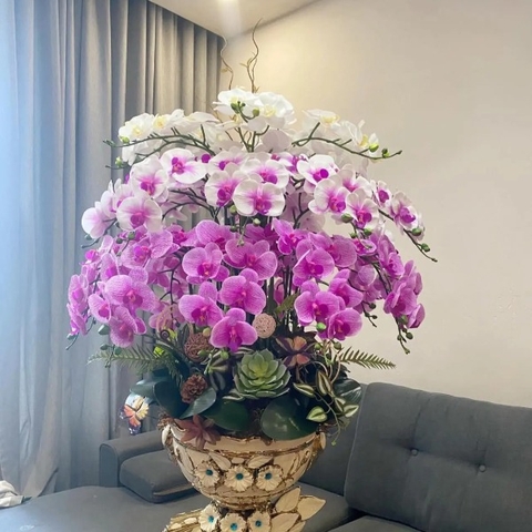 Chậu Hoa Lan Giả 39 Cành Màu Tím Mix Lan Màu Trắng Chậu Khảm