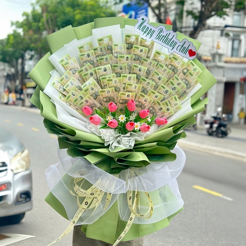 Bó Hoa Tiền 50 Tờ Tiền 100K Tone Xanh Lá – Sự Trân Trọng