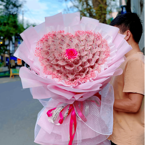 Bó Hoa Tiền 50 Tờ Tiền 50K Hình Trái Tim Tone Hồng Điểm Hoa Baby Khô