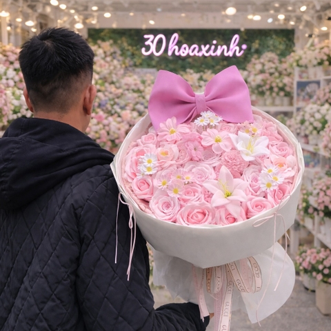 Bó Hoa Sáp Màu Hồng Kèm Nơ To Xinh Xắn