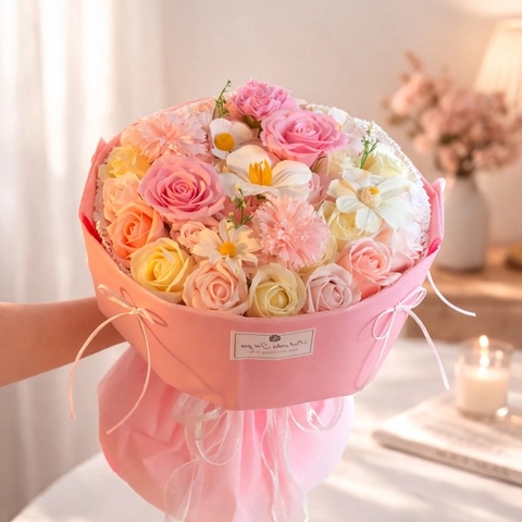 Hoa Sáp Màu Hồng Bó Tròn Đẹp