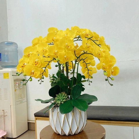 Chậu Hoa Lan Hồ Điệp Giả Để Bàn Màu Vàng