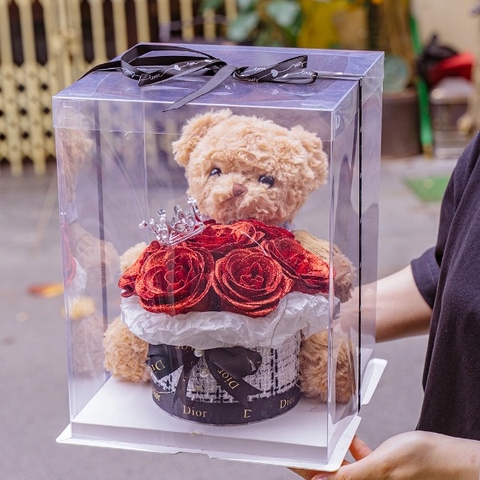 Gấu Bông Teddy Ôm Hoa Hồng Nhũ – Dễ thương