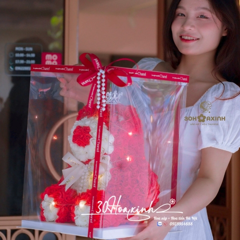 Hộp quà tặng Gấu dâu hoa hồng đỏ Gắn đèn led