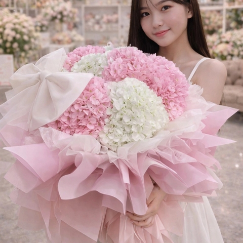 Bó Hoa Cẩm Tú Cầu Lụa Màu Hồng Mix Trắng