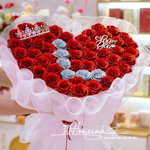 Bó hoa nhũ trái tim 50 bông viết tên theo yêu cầu