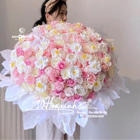 Bó Hoa hồng sáp mix hoa đào nhiều màu dáng công chúa