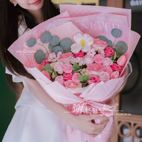Hoa hồng sáp mix hoa Lan và hoa Lụa tông màu hồng