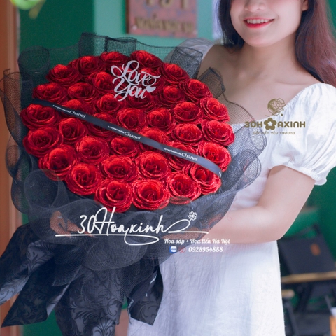 Hoa sáp nhũ lấp lánh màu đỏ hình tròn, tặng kèm phụ kiện