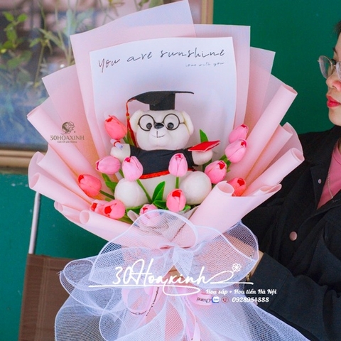 Hoa sáp Tulip hồng kèm gấu