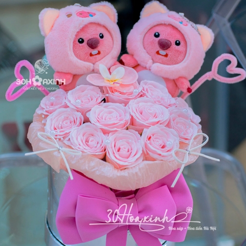 Gấu Couple Loopy và hoa sáp tặng túi và thiệp