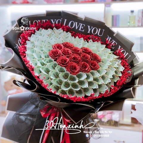 Hoa Tiền 100k Bó Trái Tim Lãng Mạn