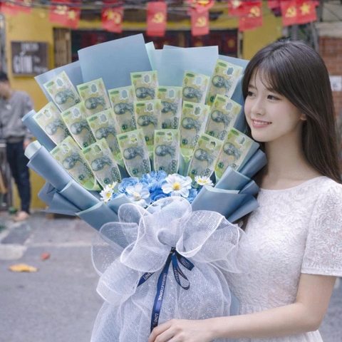 Bó Hoa Tiền 20 Tờ 100k Dáng Đứng Màu Xanh Dương