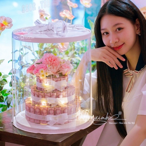 Hộp hoa đựng tiền thật 3 tầng mệnh giá 50k, 100k, 200k, 500k...