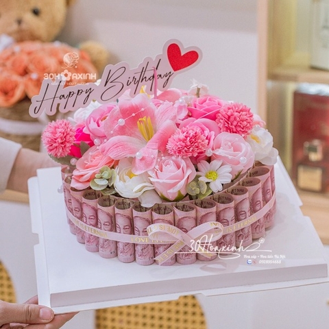 Hộp Hoa Tiền Hình Bánh Sinh Nhật Sang Trọng
