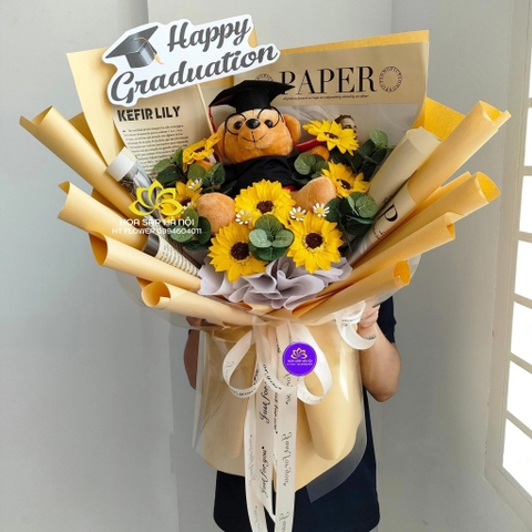 Hoa sáp hướng dương có gấu cử nhân tặng kèm thiệp