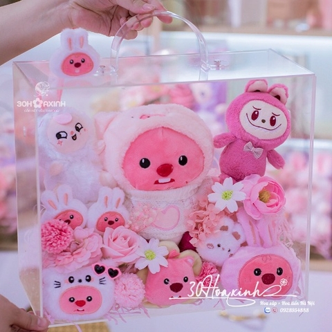 Vali Gấu Bông Hoa Sáp Hộp Mica Dễ Thương