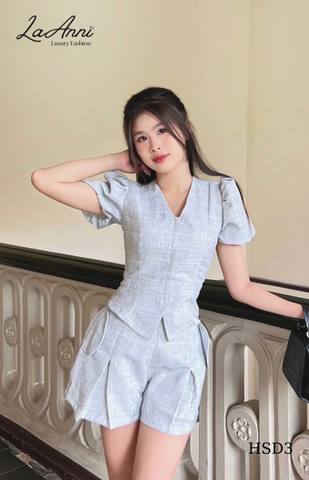 Set áo dạ tay phồng quần xẻ li nắp túi HSD3 phá cách