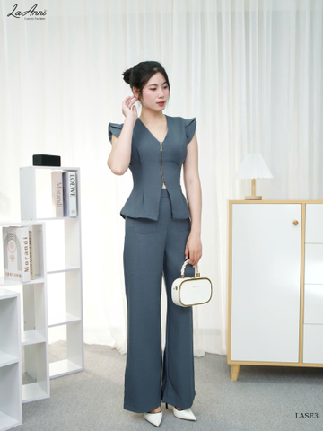 Set áo cổ tim dây kéo quần suông LASE3