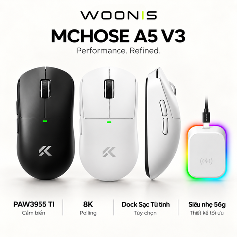 Chuột Gaming Không Dây MCHOSE A5 V3 Ultra+ PAW3955 TI 8K, 55g, Dock Sạc Từ Tính RGB
